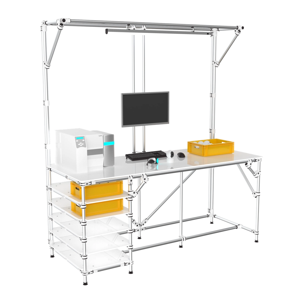 Assembly workstation with storage levels. LED