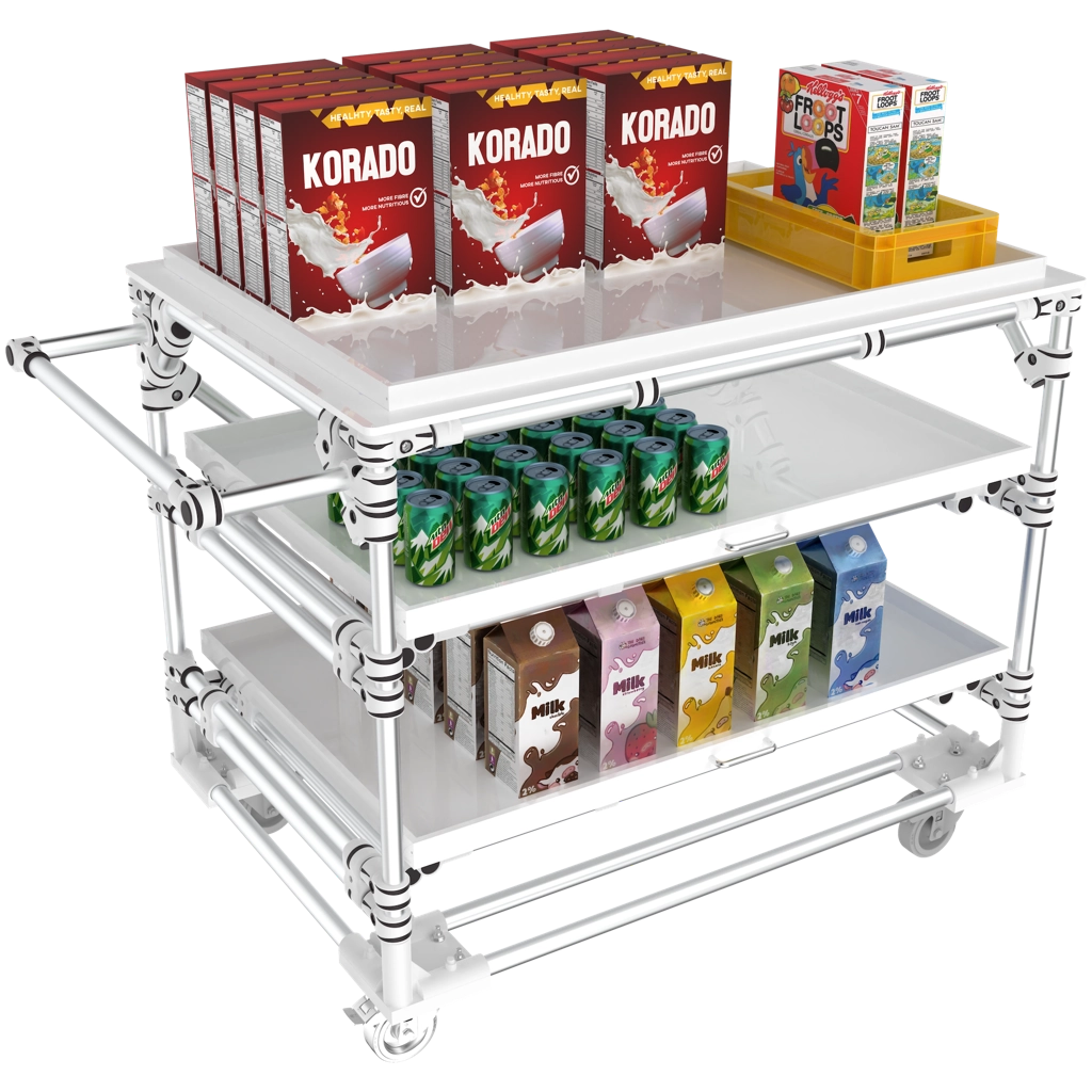 Shelf cart with levels on sliders for picking