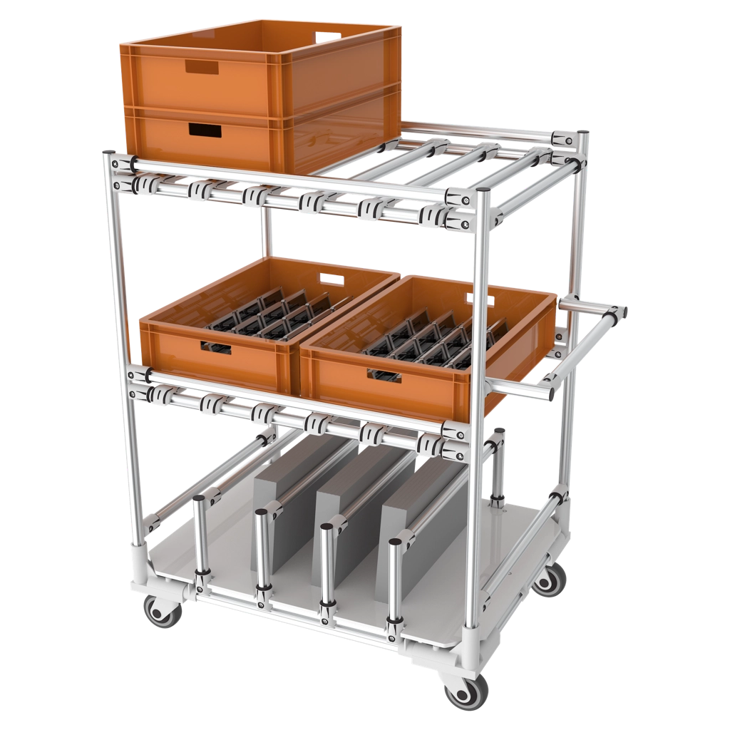 Warehouse KLT trolley with 2 stops and carton storage