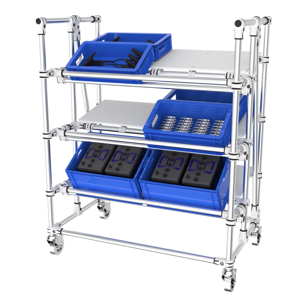 Mobile ergonomic picking shelf for KLT's 