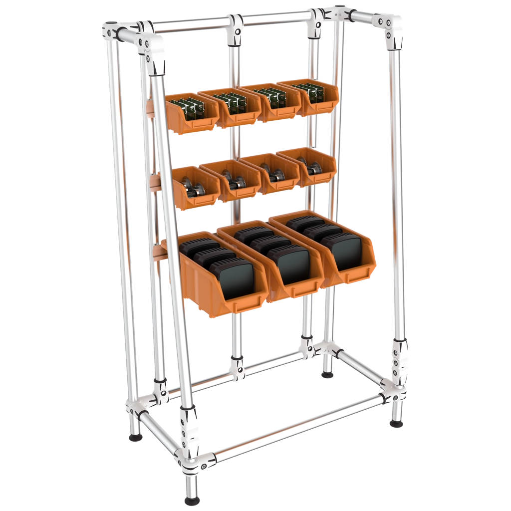 Shelf with 3 levels of small bins rails device 