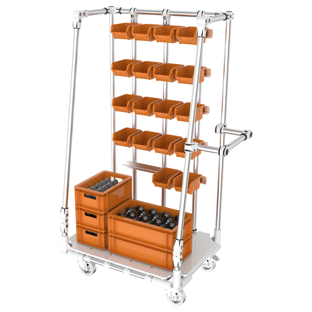 Mobile shelf with 4 levels of small bins rails