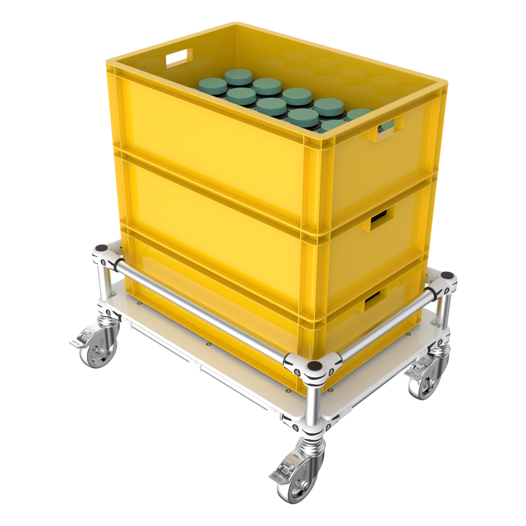 Base trolley for stacked totes & bins 
