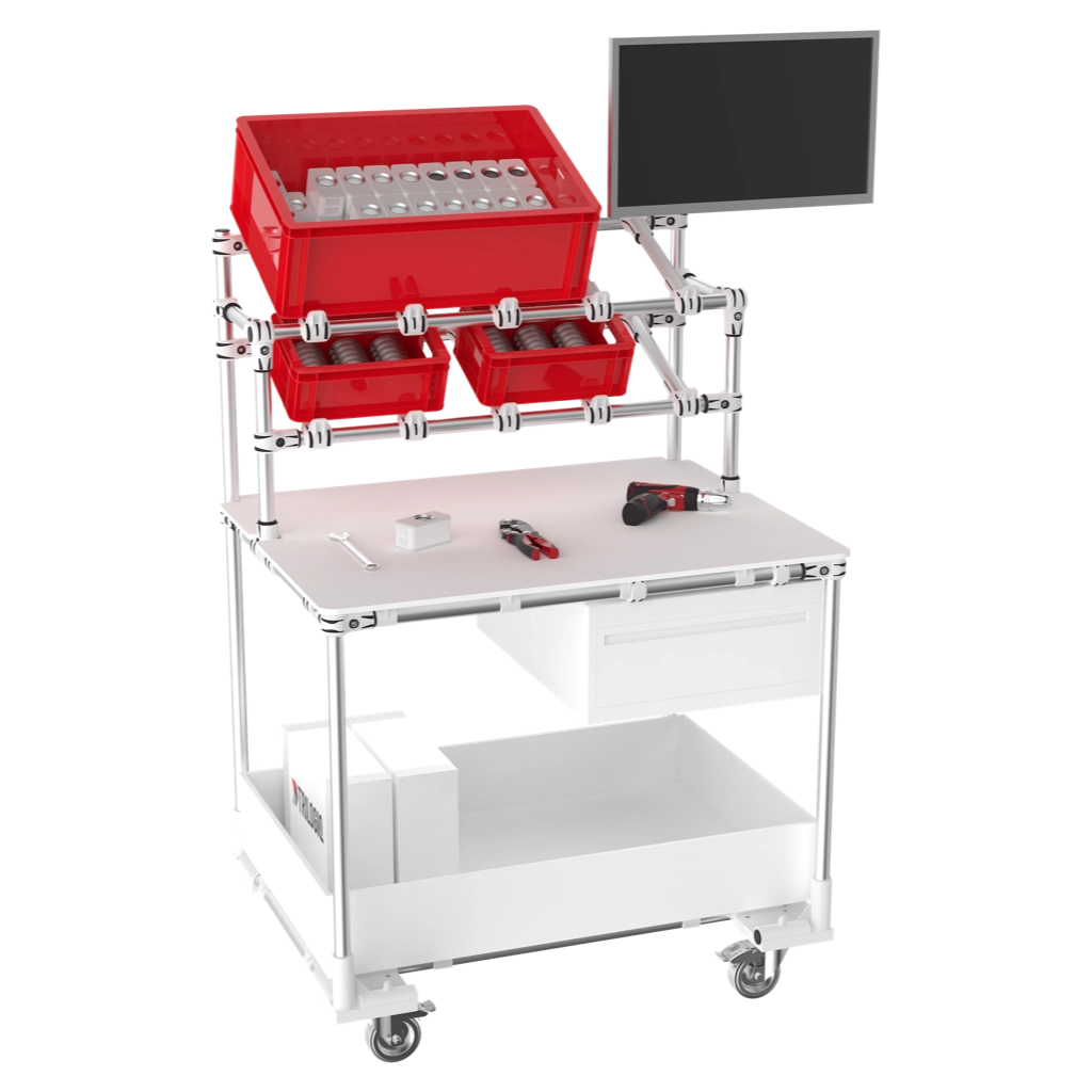 Assembly workstation with compartments & equipements