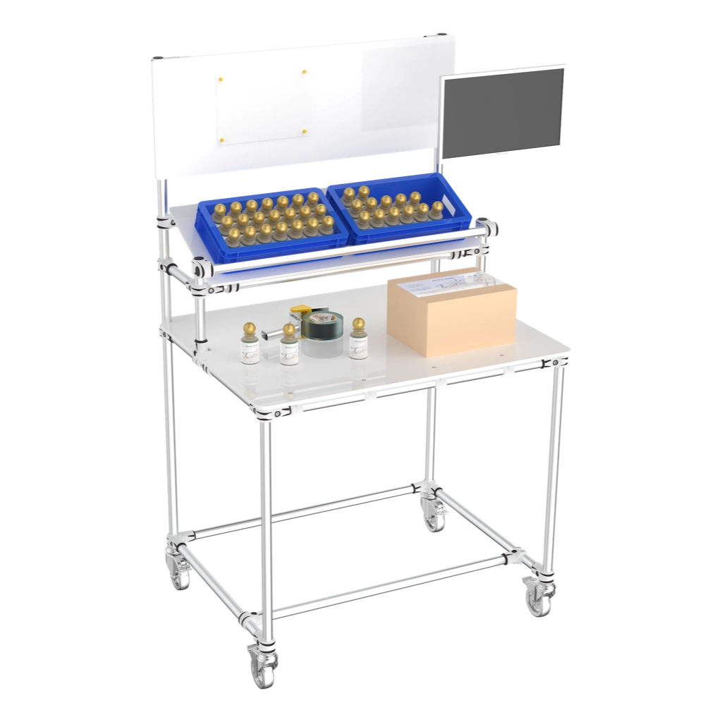 Assembly workstation with information pannel and casters